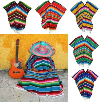 

Mexican Costume Women Mens Patchwork Striped Style Cloak spring PonchoShawl Capes Coat Throw Cover