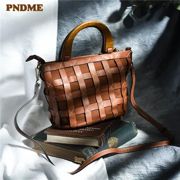 

PNDME fashion design natural genuine leather women's hand-woven handbag luxury real cowhide ladies party shoulder messenger bags