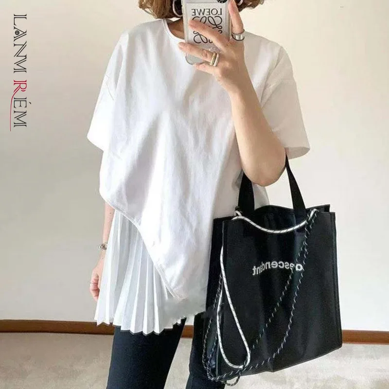 Женская свободная футболка LANMREM с круглым вырезом в складку стиле пэчворк 2021 2P1106 |