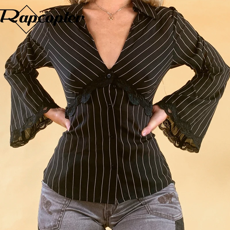 Rapcopter Lace Striped T Shirt V Neck Button Elegant Crop Top Vintage Skinny Flare Sleeve Cardigans Women Grunge Korean Tee Fall white t shirt women
