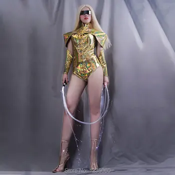 

Golden holographic clothes sexy bar nightclub rave DJ DS GOGO dance costume set female singer stage outfit male