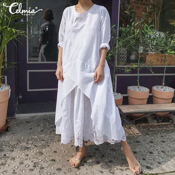 

Celmia Irregular Hem O Neck Long Sleeve Madi Dress Women Soild Loose Casual Long Shirt Vestido Plus Size Female Office Robe 5XL7