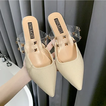 

Summer Rivet Transparent Shoes Woman Fashion Sexy High Heel Slippers Women Party Dress Shoes Pointed Toe Mules Femme Black Green