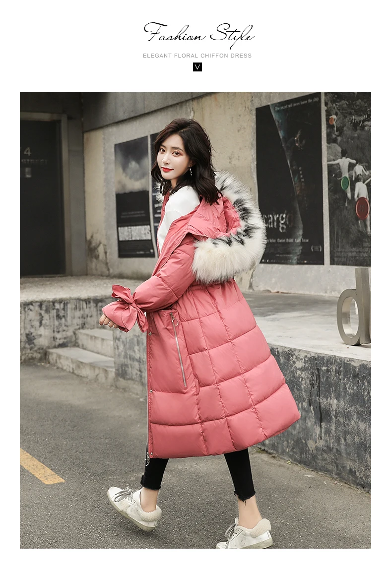 Cotton-padded Clothes Thick over-the-Knee Long Sleeve Slimming Fashion Korean-style High Imitation Large Fur Collar Bow Mid