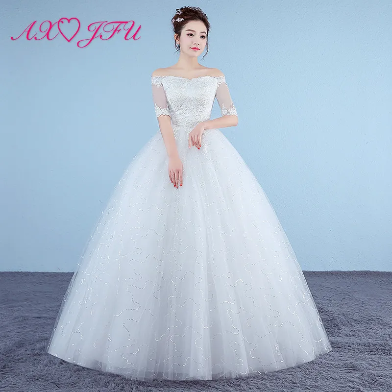 

AXJFU princess white flower lace wedding dress vintage party boat neck half sleeve ball gown sparkly red lace wedding dress