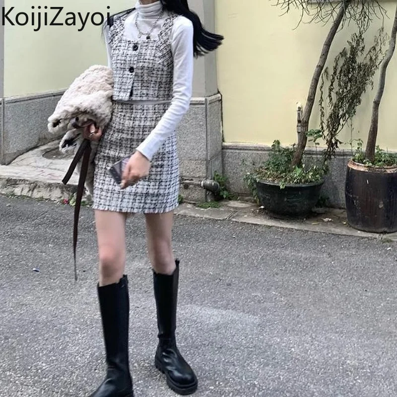 

Koijizayoi Elegant Women Two Pieces Set Sleeveless Fall Winter Vest Mini Short High Waist Skirt Fashion Lady Suit Korean Outfits
