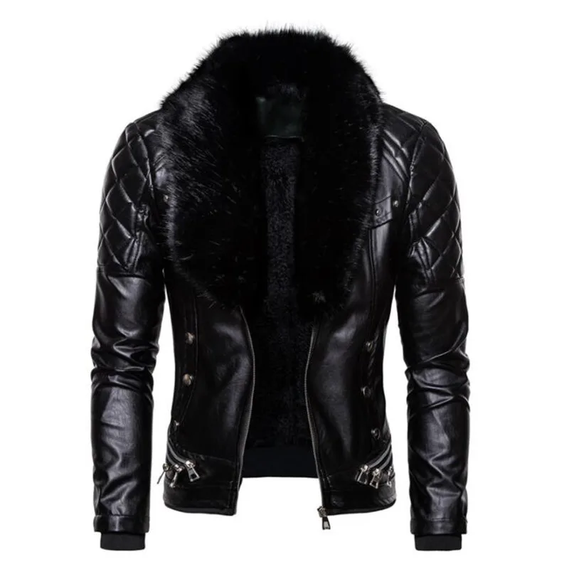 2021 New Punk wind Men  PU Leather Jacket Solid Color fur collar removable rivet Leisure Retro Style Male Fur Coat Outwear S-2XL 2021 autumn new men s stitching denim wide leg pants streetwear baggy jeans male harlan trousers brand clothes