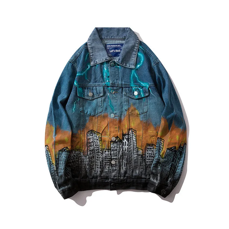 

MORUANCLE Fashion Graffiti Hip Hop Denim Trucker Jackets Hi Street Printed Jean Jacket Outerwear Streetwear Painted Clothing