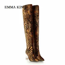 Женские высокие сапоги с леопардовым принтом женские ботфорты выше колена с острым носком зимняя женская теплая обувь без застежки zapatos de