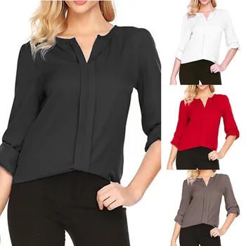 

Women Blouse Solid Color V-neck Temperament Elegant Blouse Long-sleeve Loose Comfoy Fashion Blouse New Blusa
