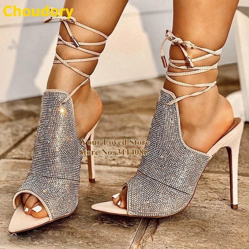 

Choudory Glittering Silver Crystal High Heel Sandals Open Toe Lace-up Slingback Wedding Shoes Bling Bling Dress Pumps Dropship