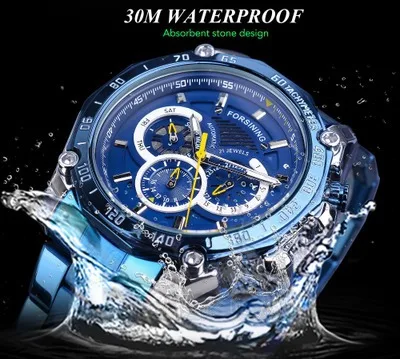 

Forsining Men Fully Automatic Analog Watch Night Light Three-Eyed Six-pin Week Steel Belt Analog Watch