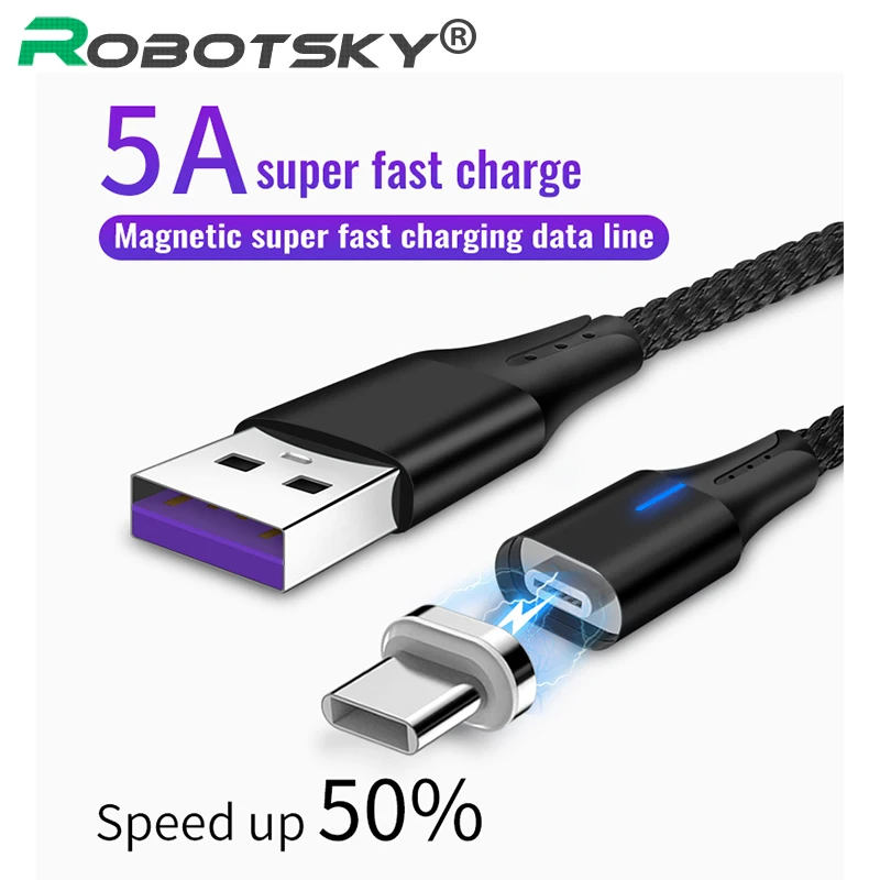 1 м Магнитный кабель Type-C 5A супер быстрый зарядный USB с нейлоновой оплеткой USB-C