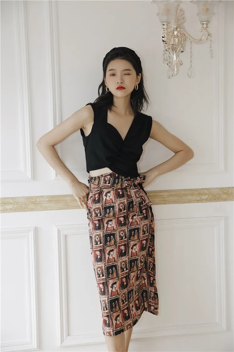 CHEERART Vintage Chiffon Skirts Womens Print High Waist Beach Wrap Skirt Lace Up Ladies Bohemian Skirt Straight Knee Length