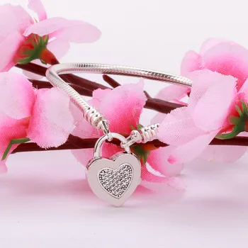 

Authentic 925 Sterling Silver Lock King's Heart-shaped Clasp Snake Bone Base Chain Fit European Charm Bracelets Women Jewelry
