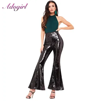 

Sexy Shining Sequin Wide Leg long Pants Women Autumn Casual High Waist Slim Flare Pants Outfit Streetwear Party Club Trousers