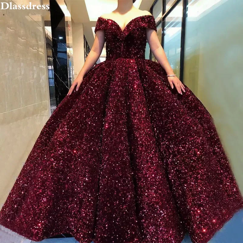 

2020 Wine Red Evening Dresses New Luxury Sequin Blingbling Ball Gown Off Shoulder V-neck Floor Length Prom Dress вечерние платья