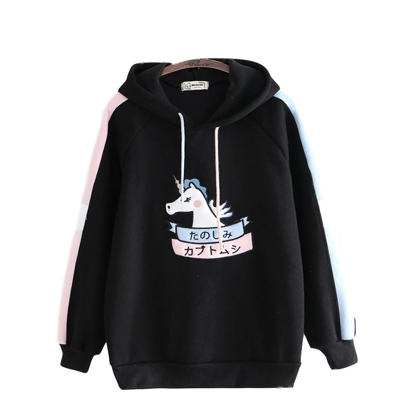 Черный MERRY PRETTY женский мультфильм Единорог Вышивка толстовки с капюшоном Harajuku Kawaii толстовки зима плюс бархат пуловер спортивный костюм - Цвет: Черный