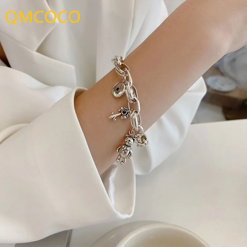 QMCOCO 925 Silver Bracelet New Style Fashion Vintage Punk Bear Round Geometry Pendant For Man Woman Party Fine Jewelry Gifts | Украшения и