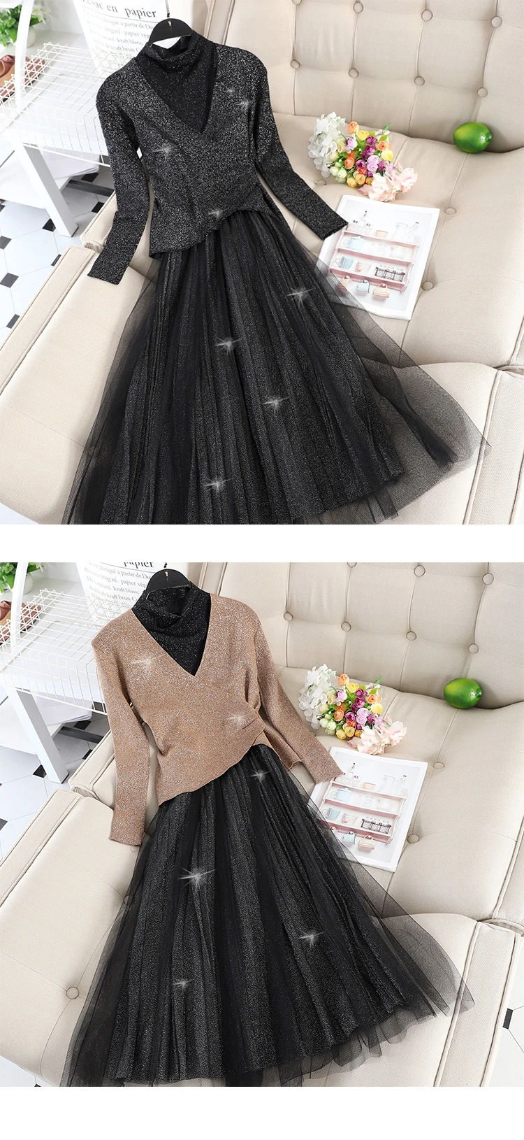 ALPHALMODA тонкий свитер с v-образным вырезом + гофрированный с сеткой платье из двух частей женский костюм плиссированный пояс вязаный костюм +