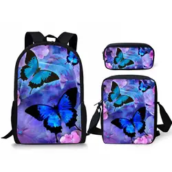 Blue Butterfly Pattern 3pcs/set Student Schoolbag Women Fashion Backpack School Bags for Teenage Girls Mochila Escolar