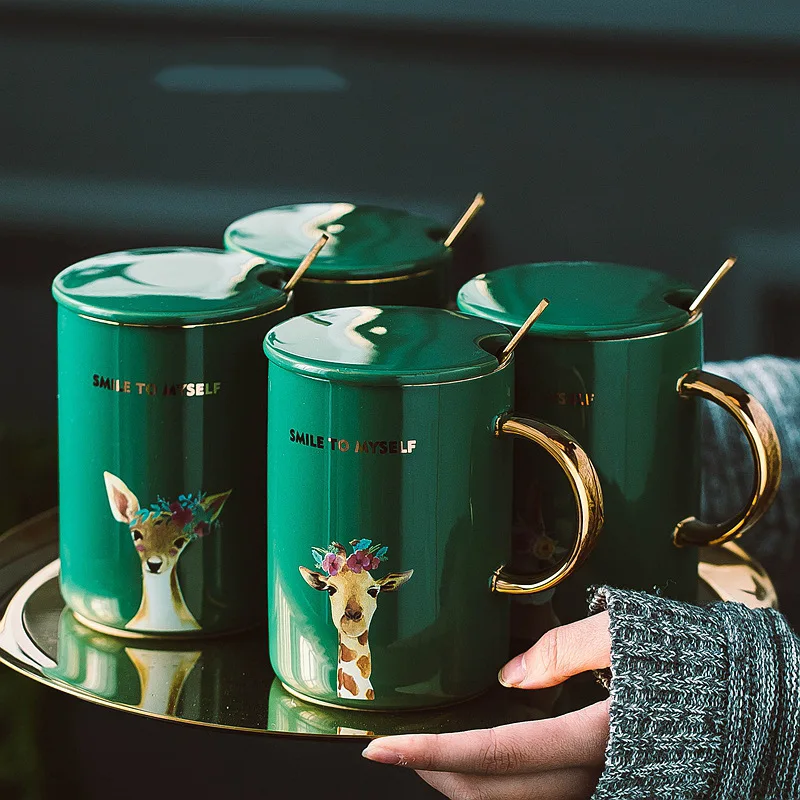 1 Piece Of Gift Mug Nordic Creative Gold Painted Handle Animal Patterns Ceramic With Cover &amp Spoon Water Coffee | Дом и сад