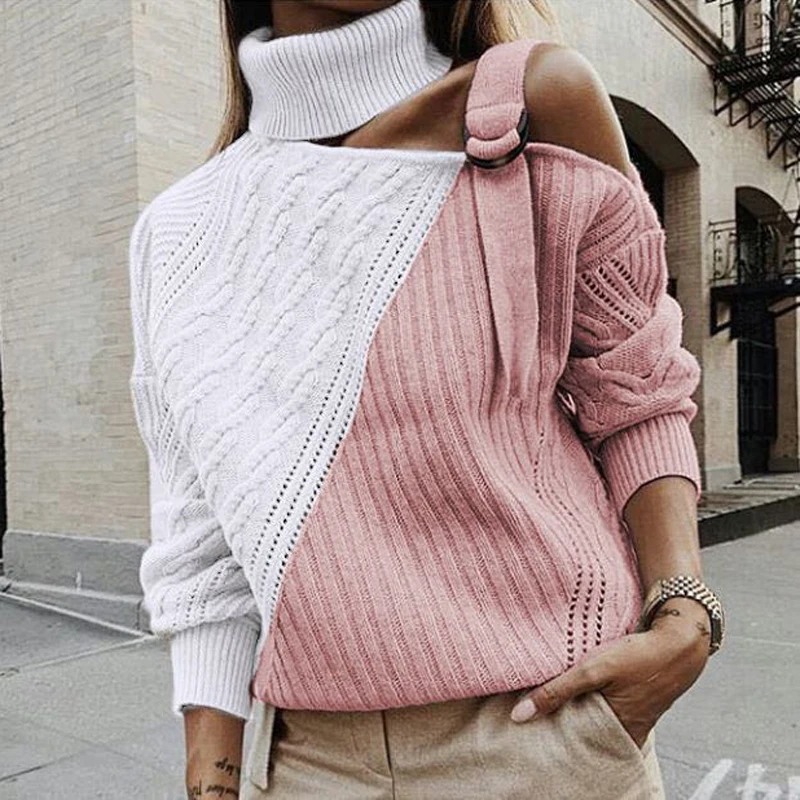 Леопардовый лоскутный вязаный свитер для женщин с открытыми плечами Водолазка Теплые осенние свитера пуловер зимний длинный рукав в полоску ребристые Топы - Цвет: 01 Pink White