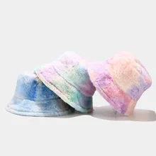 

2022 Winter Women Fisherman Hat Rainbow Color Bucket Cap Artificial Rabbit Fur Women Outdoor Warm Hat ladies Casual Hat Gift
