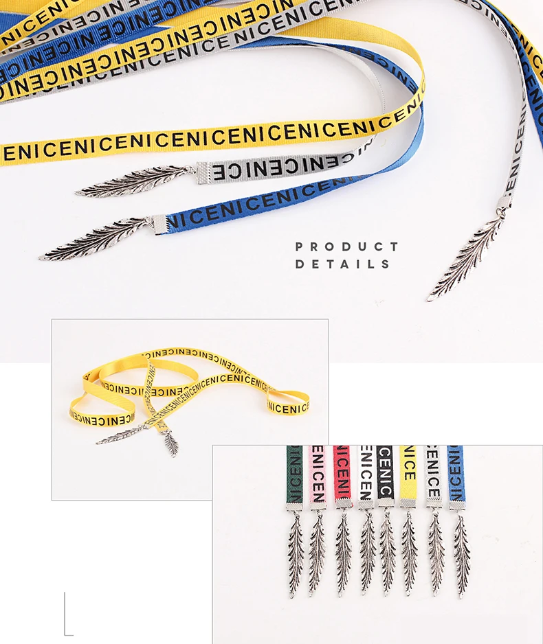 New women's belt Canvas belt lady Wild dress waist chain knotted Extra long thin belt letter Metal leaf decoration Multicolor