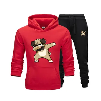 

ropa hombre elegante Autumn and winter fun cartoon puppy dog print casual hoodie + pants pullover sports suit