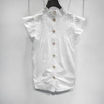 

2020 New Women Pleated Blouse lady Flying Sleeves Sleeveless Single-breasted White Shirt Female Frill Trim Collar Blouse Top