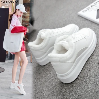 

SWYIVY PU Flat Heel Casual Shoes Women Sneakers 2019 Winter Short Plush White Sneakers For Women Warm Breathable Ladies Shoe