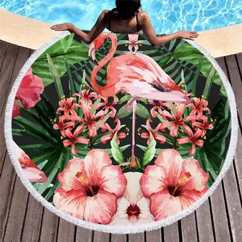 

Flamingo Round Beach Towel Tassel leaf Blanket Picnic Yoga Mat Travel Boho Tablecloth Absorbent Swimming mat toalla de playa 006