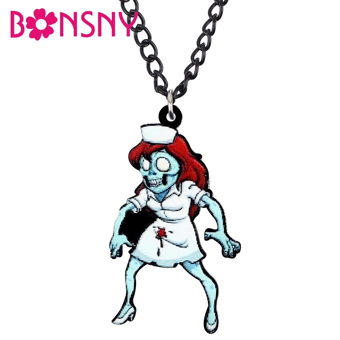 Bonsny акриловые Хеллоуин крови медсестры ожерелье зомби Длинное колье модные