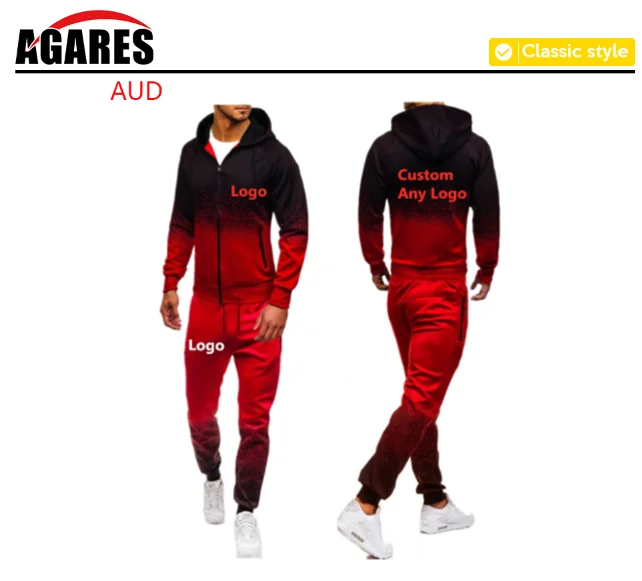 For Men's Design Logo Hoodies Harajuku Man Gradient color Hooded Fleece zipper Jacket Sweatshirt Sweatpants Suit 2pcs - Цвет: red