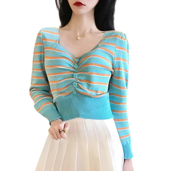 

Novel V-neck Colorful Stripe Pattern Knit Pullover Fashion Button Decoration Sweater
