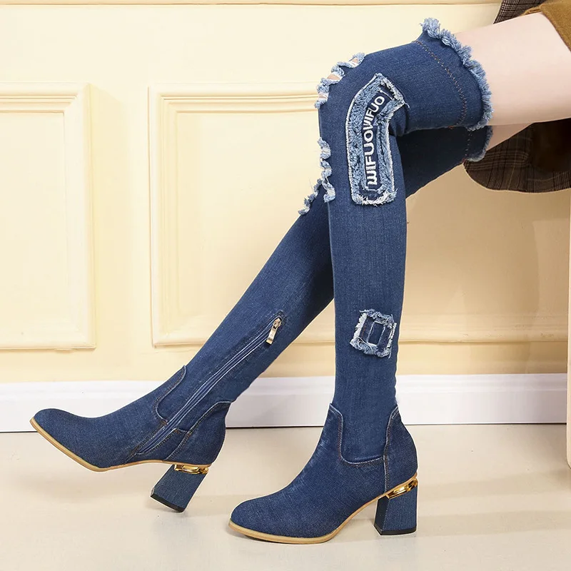 

Denim over-the-Knee Boots Women's Hollow out Slimming-Thick with High Heels Boots Women's Knee-High Boots