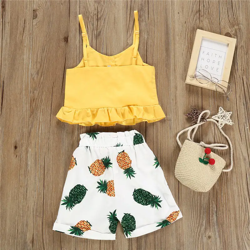 summer children girl cloth set yellow vest pineapple short pant 2pcs suit (7)