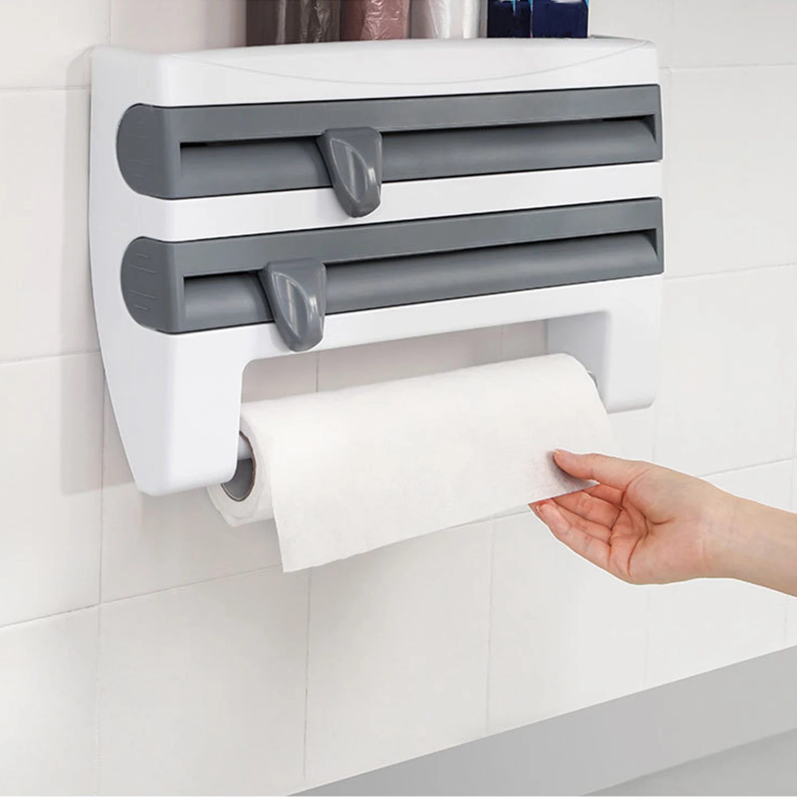 3 in 1 Foil Cling Film & Kitchen Roll Dispenser Wall Mounted Holder Rack New 