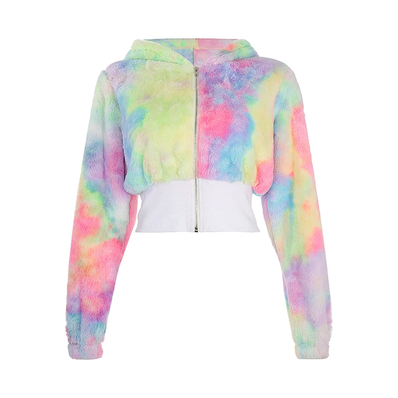 Rockmore Tie Dye пушистые пальто и куртки на молнии для женщин Красочные более размера d Harajuku куртка Дамская размера плюс уличная осенняя