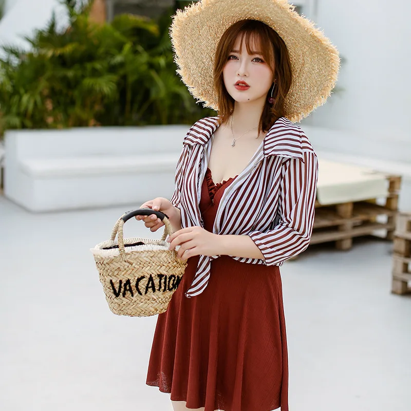 new ladies two-piece swimsuit solid color sling large size one-piece swimsuit Conservative belly protection swimsuit