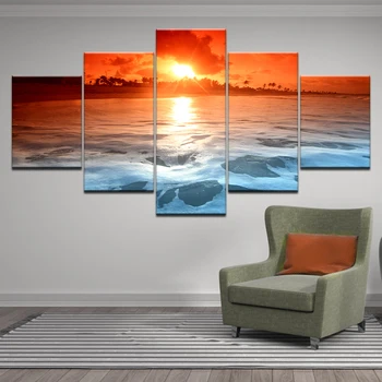 

Canvas Paintings Modular Wall Art Framework 5 Pieces Sunset Glow Beach Sea Waves Poster HD Printed Seascape Pictures Home Decor