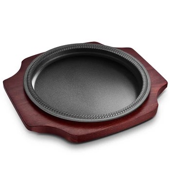 

Thickened cast iron plate Korean barbecue pan fried steak non stick BBQ round household grill roasting meat pot wooden tray set