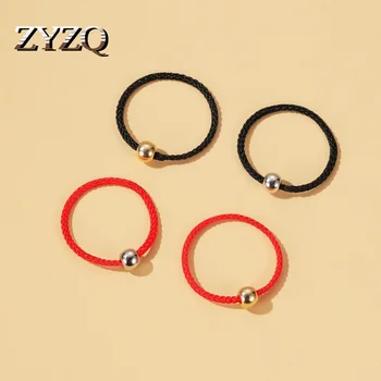 

ZYZQ Simple Men and Women Elastic Rope Hand-Woven Gold Color Round Alloy Beads Red Rope Ring LuckyRing