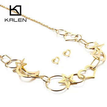 

KALEN Heart Moon Star Round Interlock Mujer Choker Dubai Stainless Steel Necklace Earrings Sets For Women Wedding Jewellery