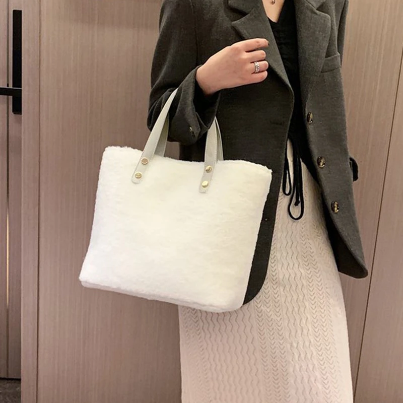 Женская плюшевая сумка, Повседневная сумка, искусственная овечья шерсть, сумка на плечо, белая