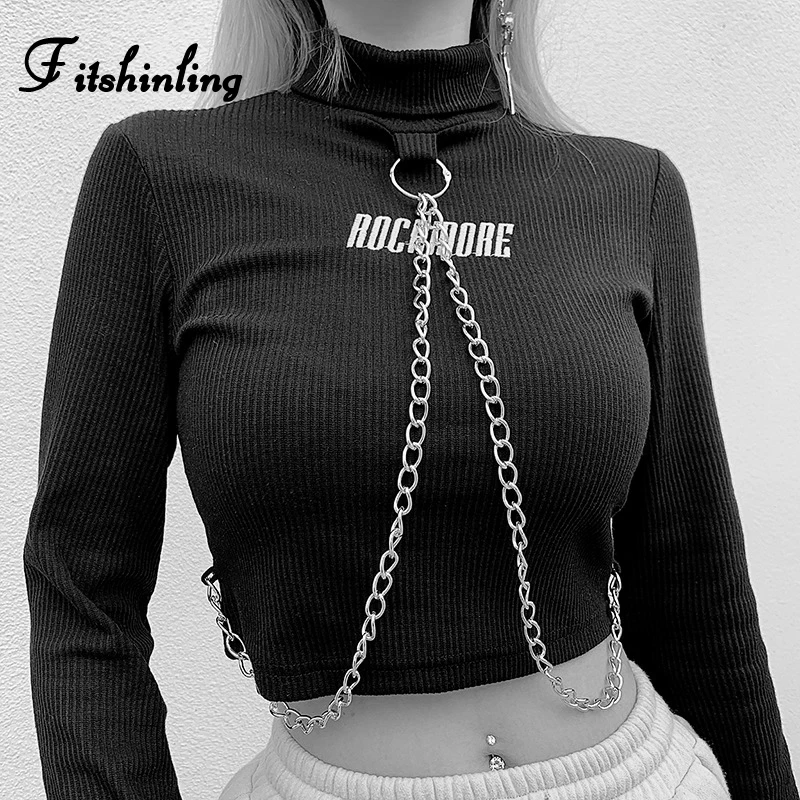 Fitshinling, готический стиль, весна, топы, вышивка, футболка для женщин, цепочка, панк, надпись, водолазка, женская футболка, черная, тонкая, короткий топ, хит - Цвет: black