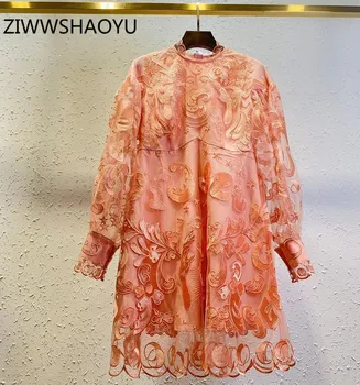 

ZIWWSHAOYU Fashion Autumn Runway Sexy Black Mesh Gold Line Embroidery Dress Women Lantern Sleeve Vintage Party Dresses