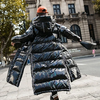 

2020 Women's Down Jacket Long Hooded Parka Fashion Glossy Black Loose Warm Thick White Duck Down Coat Winter