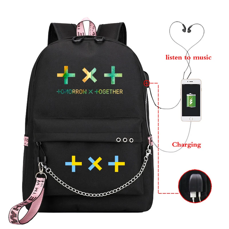 Mochila USB зарядный рюкзак для ноутбука женский Kpop TXT корейский школьные сумки